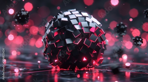 Abstract 3D rendering of a dark sphere composed of fragmented cubes, glowing red from within, set against a bokeh background.