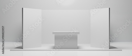 3d booth kios illustration rendering, Exhibition podium pedestal stand event stage for mockup a Display design, trade show for retail product on white background photo