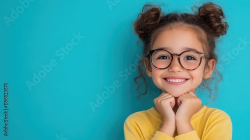 A young girl with glasses is smiling and looking at the camera