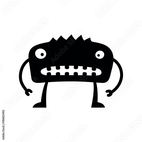 Vector cute, smiling monster with a toothy grin, black and white silhouette. Playful, quirky design is perfect for fun, Halloween, or spooky projects, adding a cheerful touch to any illustration