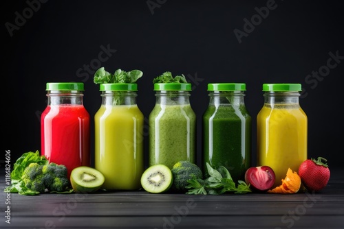 Nourishing Fruit and Vegetable Juices in Refreshing Bottles for a Healthy Detox Diet photo