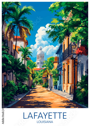 Lafayette Louisiana Poster Illustration Travel Print Decor Gift Paper Canvas Wall Retro Art