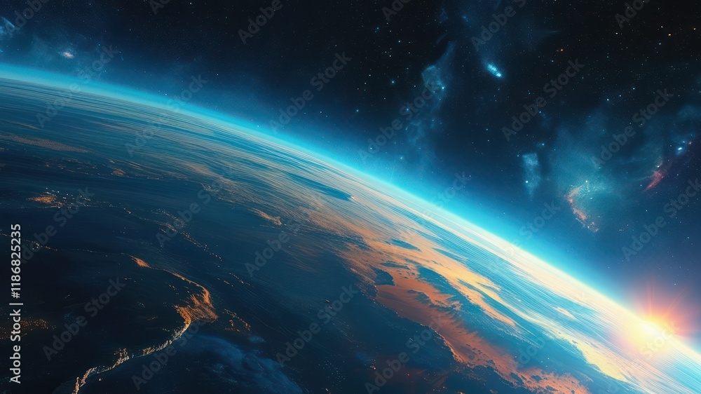 Beautiful view of Earth from space showcasing vibrant colors and glowing atmosphere during dawn Beautiful view of Earth from space showcasing vibrant colors and glowing atmosphere during dawn