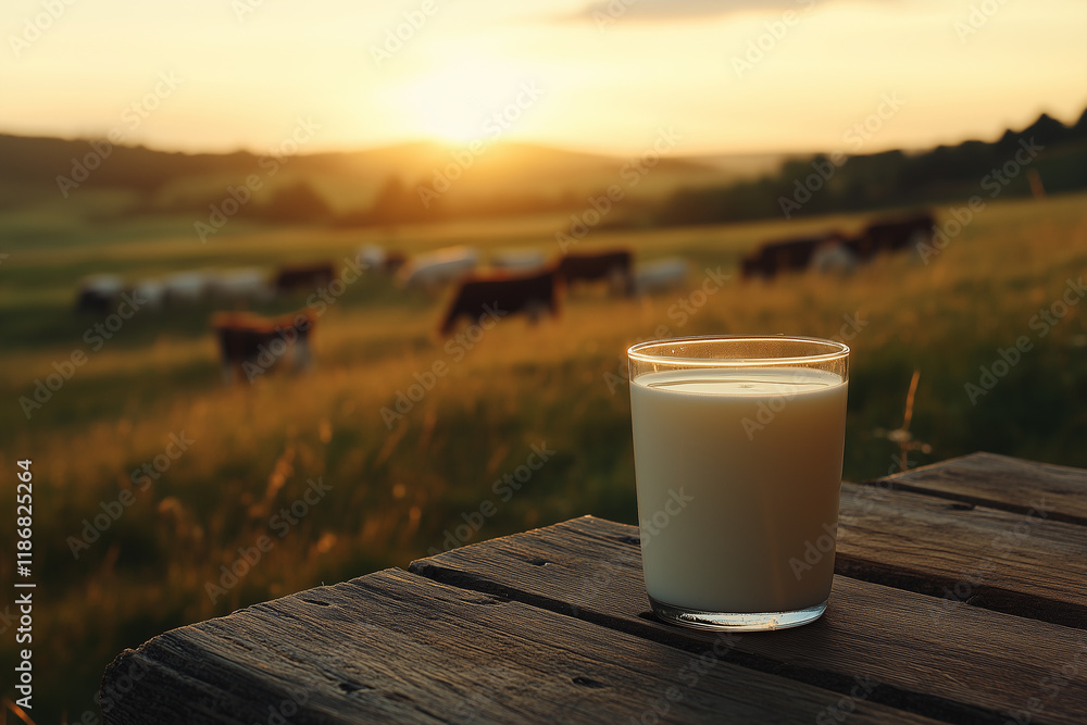A glass of milk on the wooden table with dairy farm in background A glass of milk on the wooden table with dairy farm in background