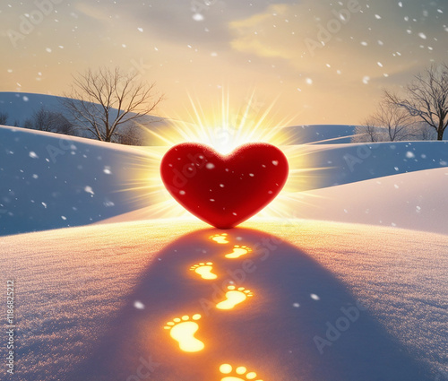 A snowcovered landscape with heartshaped footprints leading to a glowing red heart