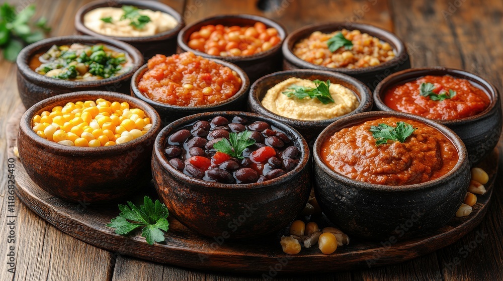Colorful Array of Traditional Dips and Spreads in Rustic Bowls on Wooden Serving Tray with Fresh Ingredients for a Homemade Meal Experience Colorful Array of Traditional Dips and Spreads in Rustic Bowls on Wooden Serving Tray with Fresh Ingredients for a Homemade Meal Experience