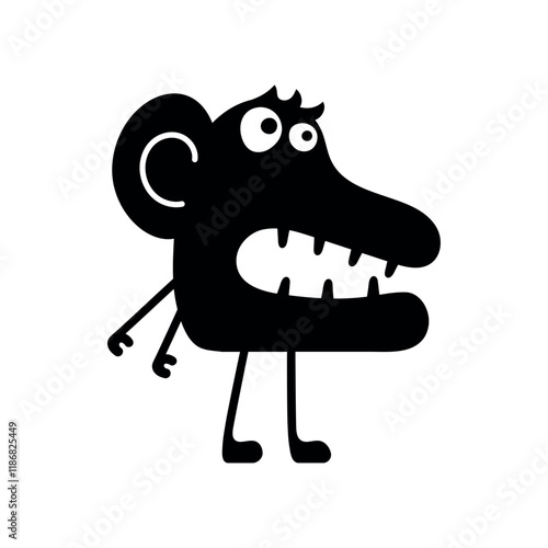 Vector cute, smiling monster with a toothy grin, black and white silhouette. Playful, quirky design is perfect for fun, Halloween, or spooky projects, adding a cheerful touch to any illustration