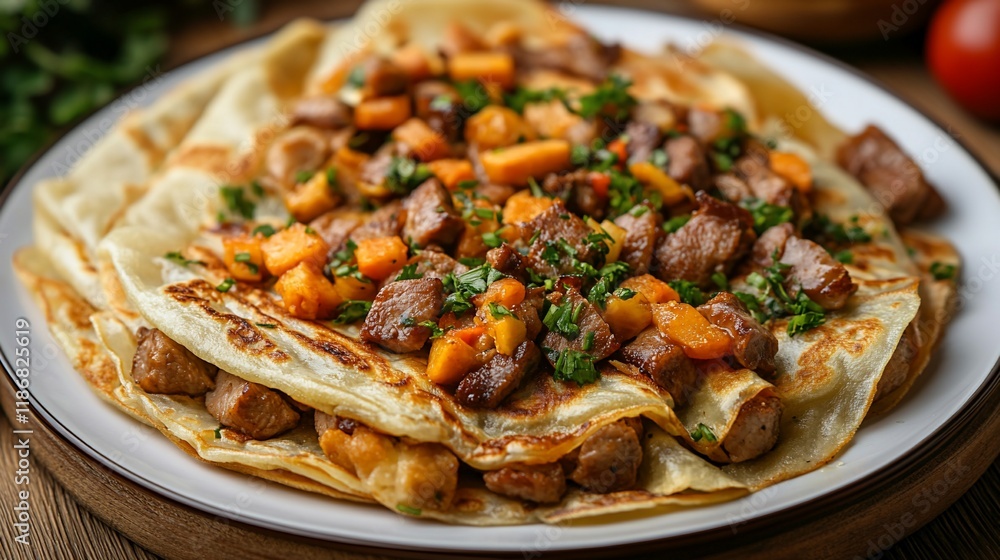Savory crepe with meat and sweet potato. Savory crepe with meat and sweet potato.