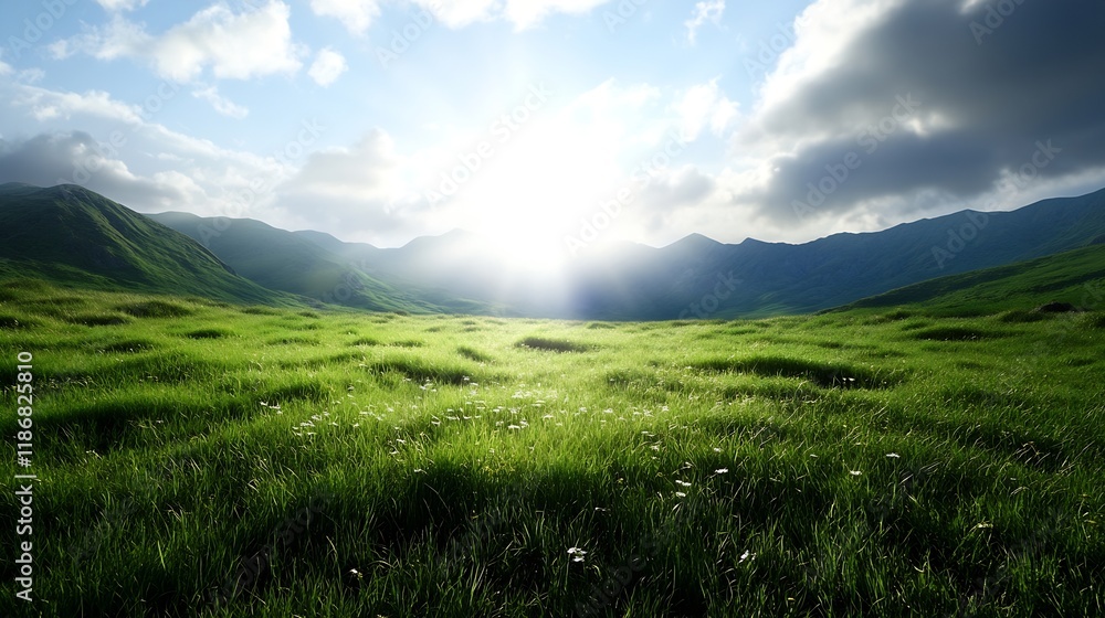 Obraz premium Scenic Lush Green Grass Field in a Mountain Valley with Bright Sunlight : Generative AI