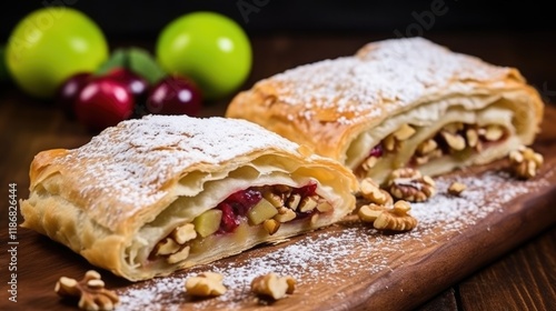 Organic Apple Strudel with Cranberries and Walnuts. A Delicious and Sweet Traditional Dessert photo