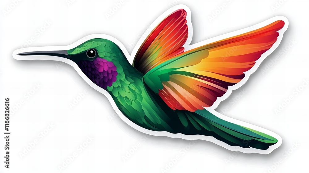 Fototapeta premium Vibrant hummingbird in flight, showcasing a spectrum of colors against a white background.