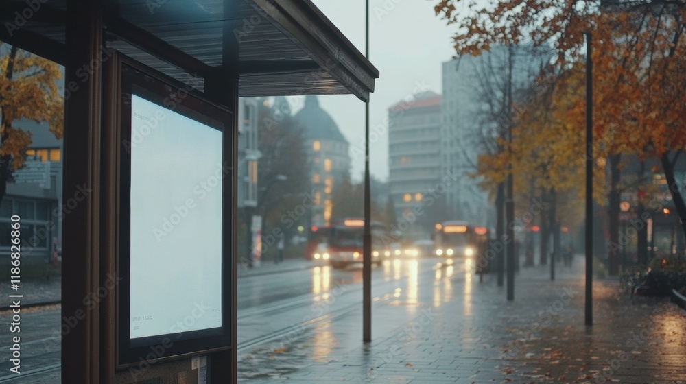 Fototapeta premium An advertising screen on a bus stop shelter during a cloudy day, street scene in the background