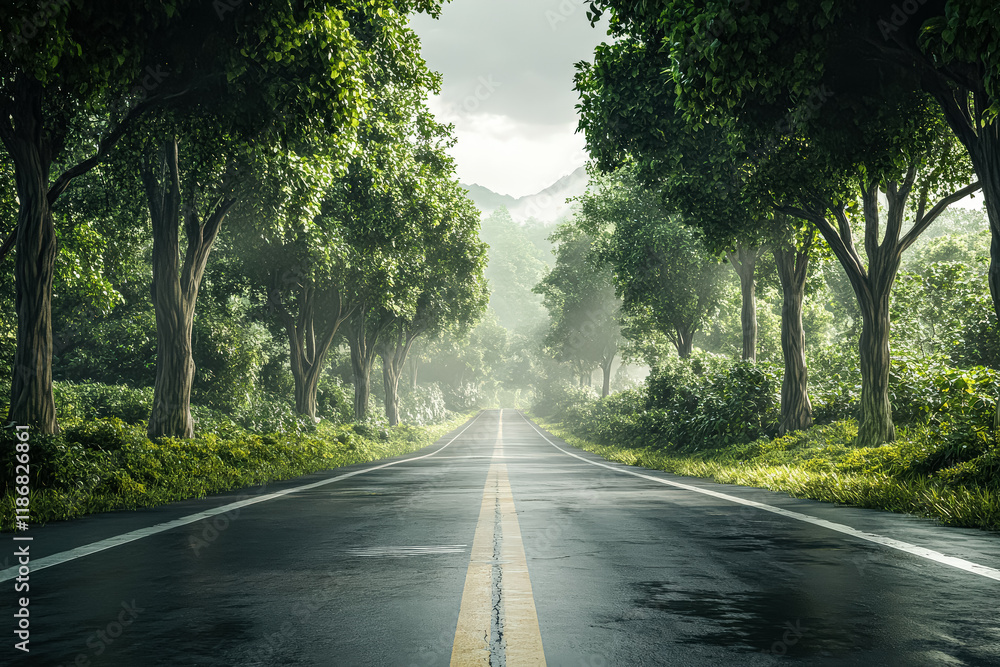 Obraz premium Road with palm trees on either side. The road is empty and the trees are lush and green