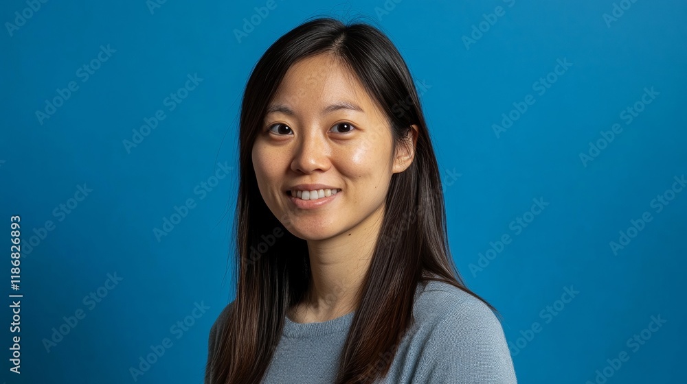 Smiling young asian woman with long brown hair posing in gray shirt against vivid blue backdrop Smiling young asian woman with long brown hair posing in gray shirt against vivid blue backdrop