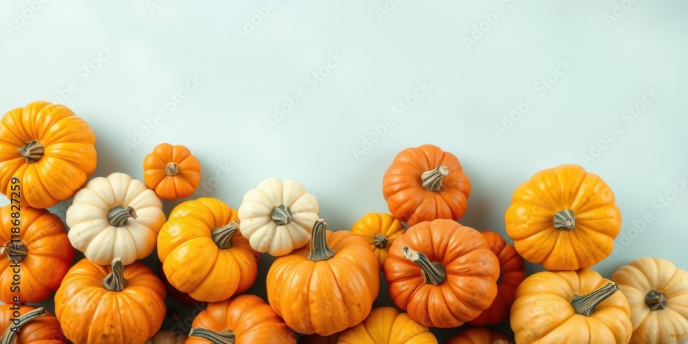 A cluster of miniature pumpkins, varying in shades of orange and white, arranged on a cool blue background, creating a vibrant and festive autumnal display. A cluster of miniature pumpkins, varying in shades of orange and white, arranged on a cool blue background, creating a vibrant and festive autumnal display.