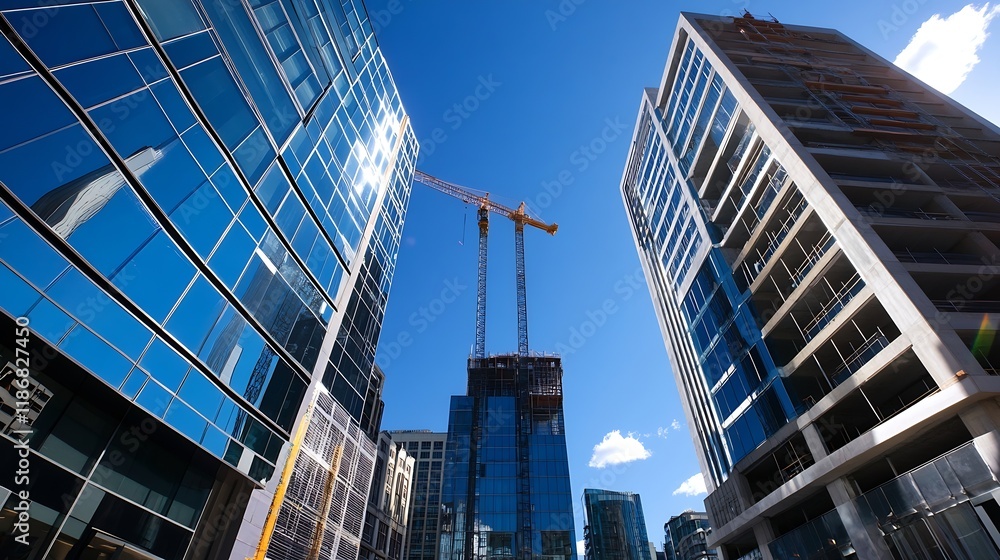 Naklejka premium Modern Skyscrapers Under Construction with Cranes Against Clear Blue Sky Urban Development Progress : Generative AI