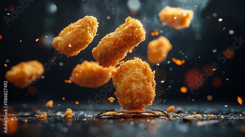 Crispy fried nuggets in midair with oil splatters.