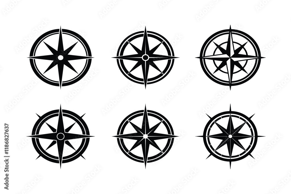 Set of Compass Icon Silhouette on White Background Set of Compass Icon Silhouette on White Background