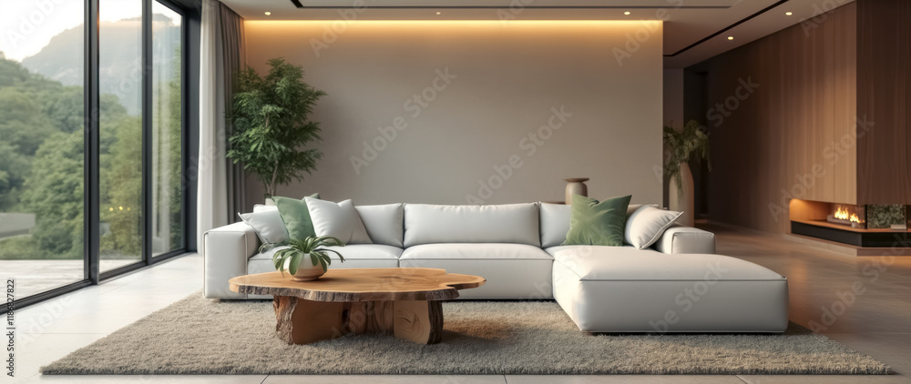 Fototapeta premium modern living room with light-grey sectional sofa wooden coffee table
