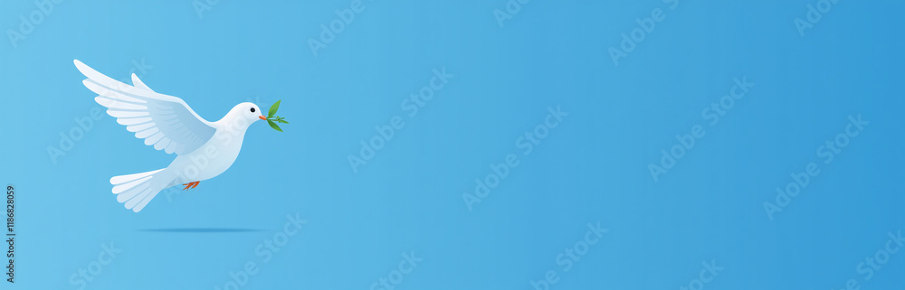 Fototapeta premium A White Dove Is Flying With An Olive Branch In Its Beak Over A Blue Background Against A Plain Banner. 00002