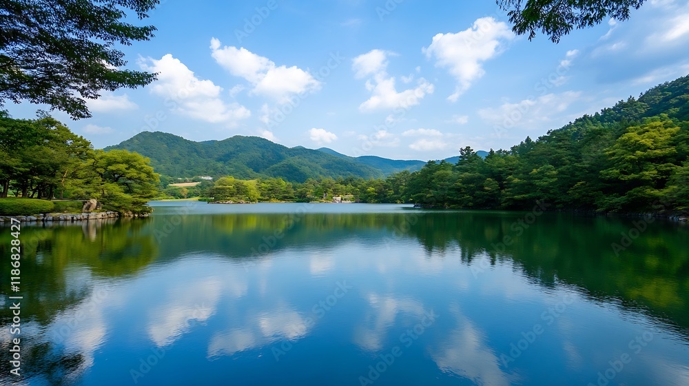 Serene Scenic Lake View Surrounded by Lush Green Forest Under Blue Sky : Generative AI Serene Scenic Lake View Surrounded by Lush Green Forest Under Blue Sky : Generative AI