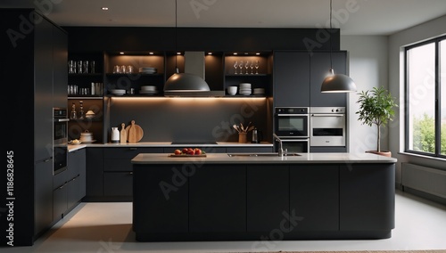 Dark Modern Kitchen Interior Kitchenware  Cooking Space with Shelves
