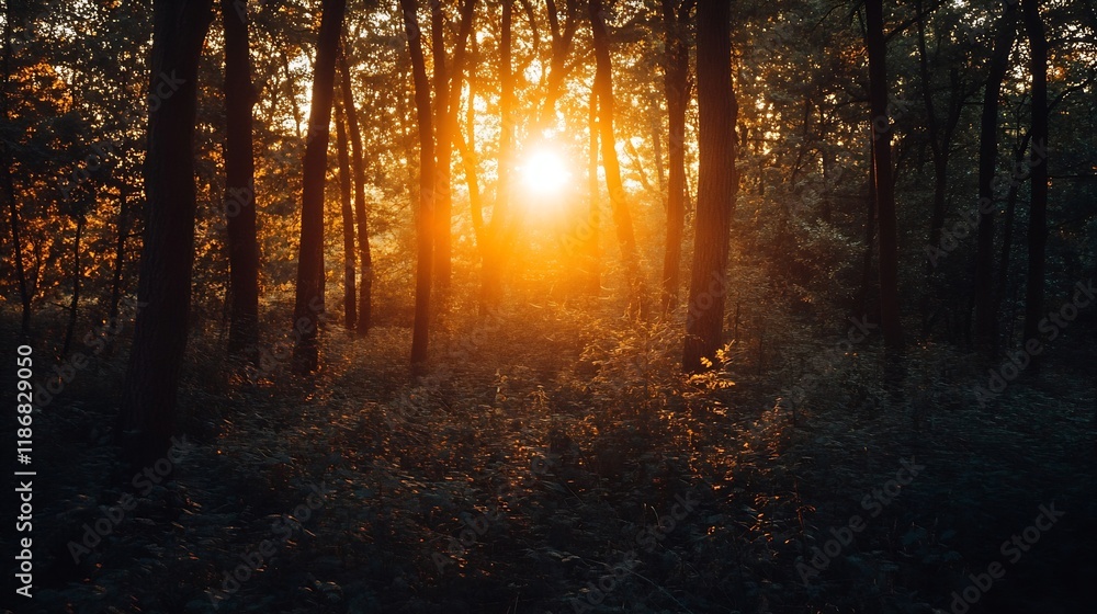 Fototapeta premium Sunlit Forest Scene With Golden Light Filtering Through Trees at Sunrise : Generative AI