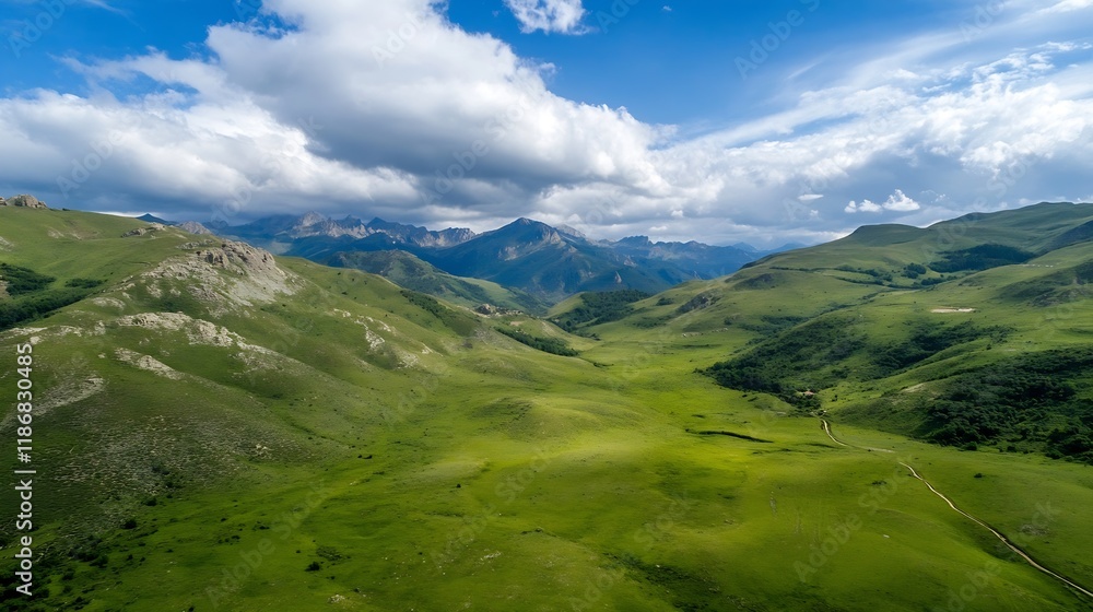 Obraz premium Expansive Green Landscape with Mountains under Bright Blue Sky for Nature Adventure Concepts : Generative AI