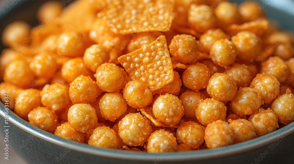 Crunchy Snack Mix of Puffed Cheese Balls and Tortilla Chips in a Dark Bowl, Perfect for Parties, Gatherings, or Movie Nights with Friends and Family Crunchy Snack Mix of Puffed Cheese Balls and Tortilla Chips in a Dark Bowl, Perfect for Parties, Gatherings, or Movie Nights with Friends and Family