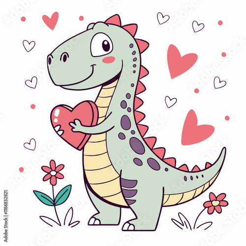 A cute dinosaur holds a heart amidst a backdrop of pink hearts and flowers.