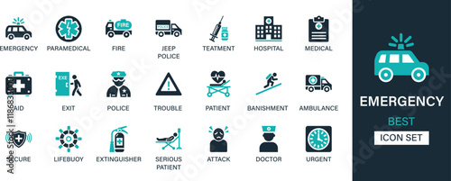Emergency icon set collection. Paramedical, fire, jeep, treatment, hospital, medical, aid, exit, police. And solid icon set collection.