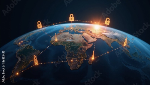 Globally connected Earth represented by glowing lines and padlocks symbolizing secure data protection photo