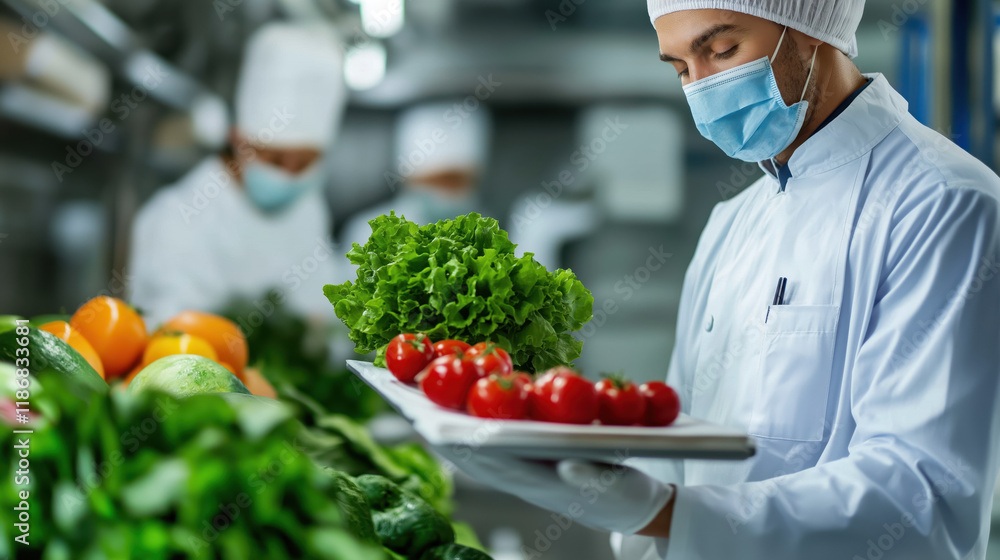 A chef in a kitchen inspects fresh vegetables and tomatoes, emphasizing food preparation and hygiene for culinary excellence. A chef in a kitchen inspects fresh vegetables and tomatoes, emphasizing food preparation and hygiene for culinary excellence.