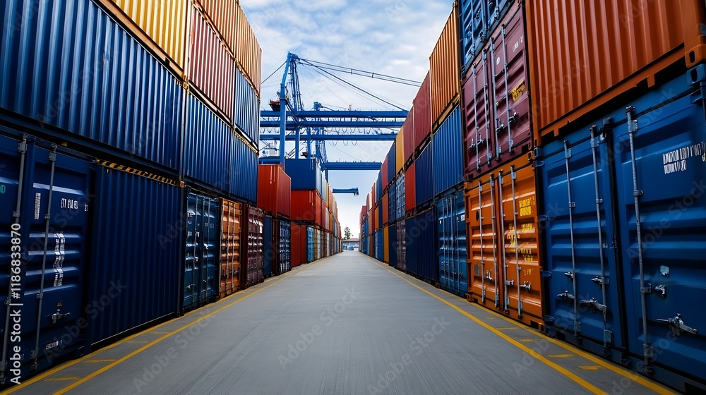 Fototapeta premium Vibrant Multicolored Shipping Containers at a Bustling Port Terminal : Generative AI