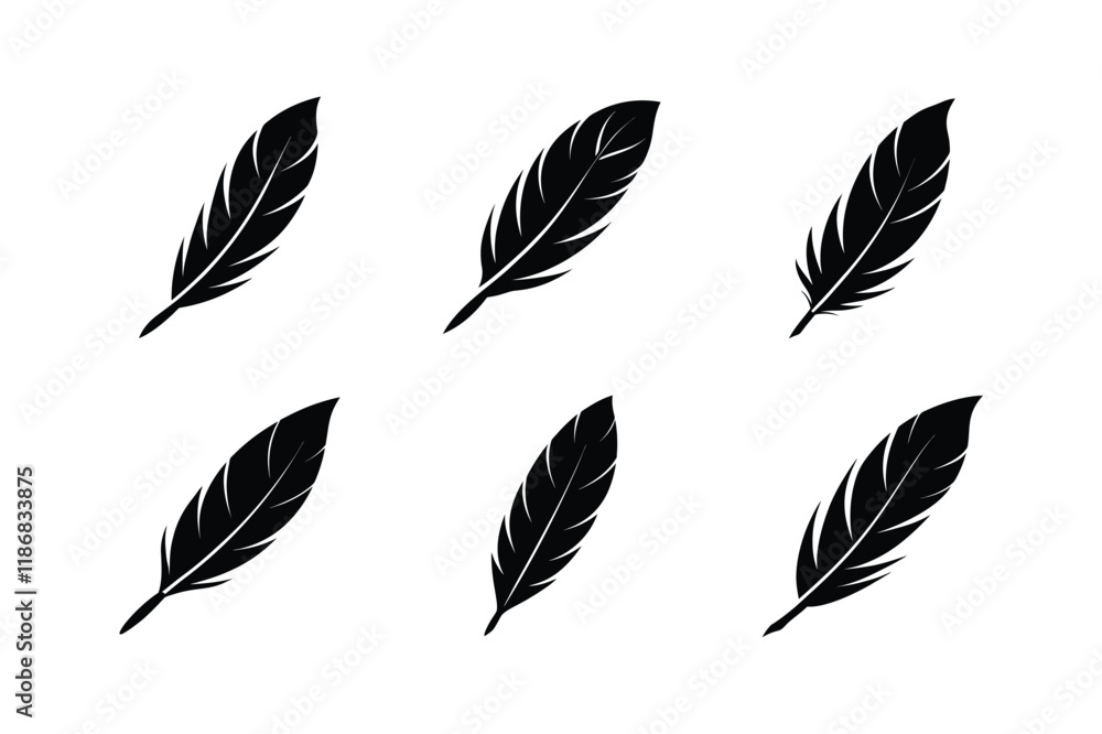set of Feather Icon Silhouette on White Background set of Feather Icon Silhouette on White Background