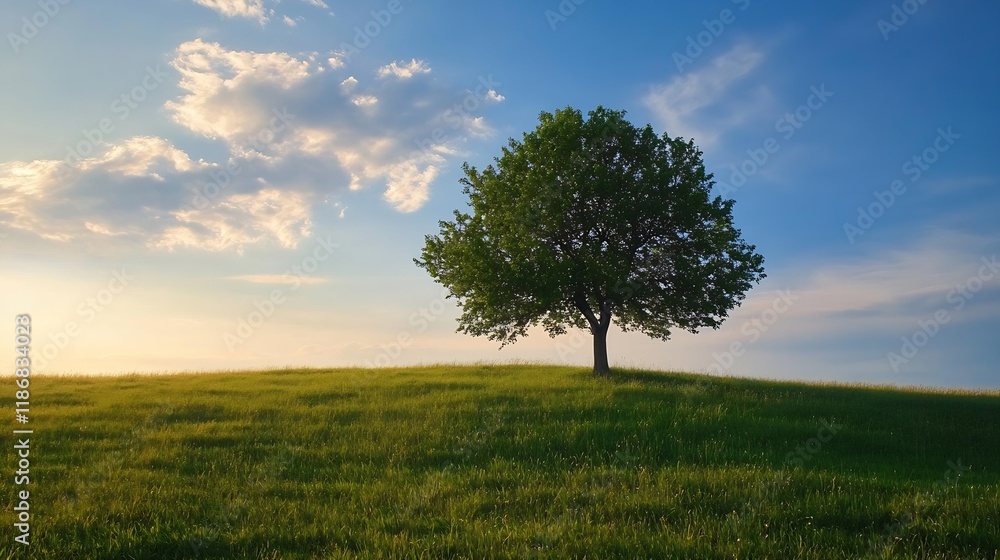 Fototapeta premium Solitary Tree on Grassy Hill Under Blue Sky in Peaceful Countryside Landscape : Generative AI