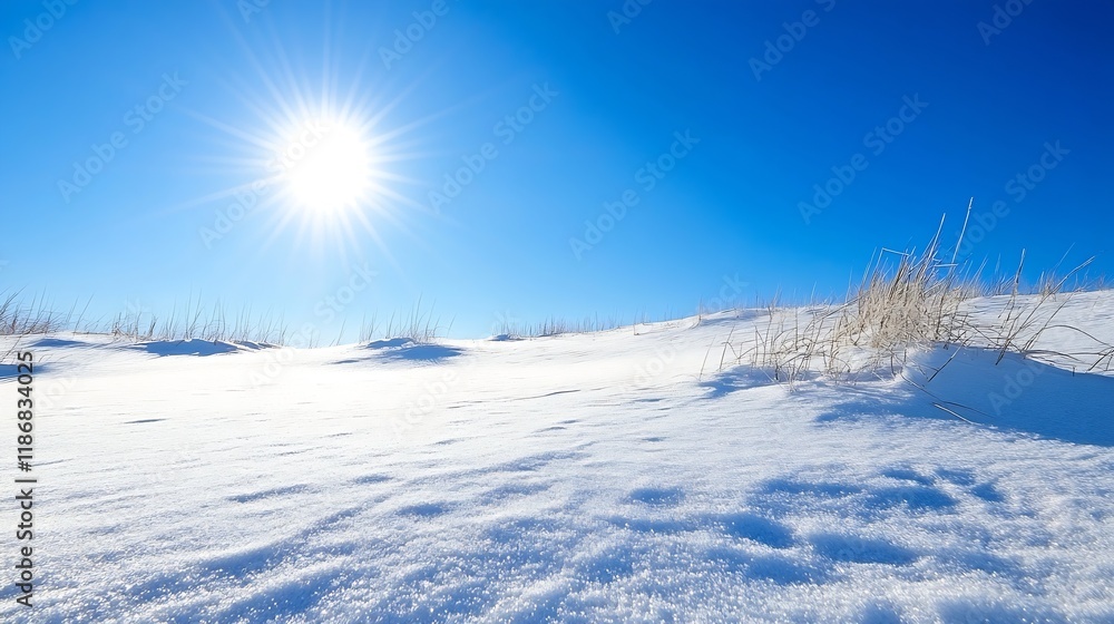 Pristine Snowy Field under Clear Blue Sky with Bright Sunburst : Generative AI Pristine Snowy Field under Clear Blue Sky with Bright Sunburst : Generative AI