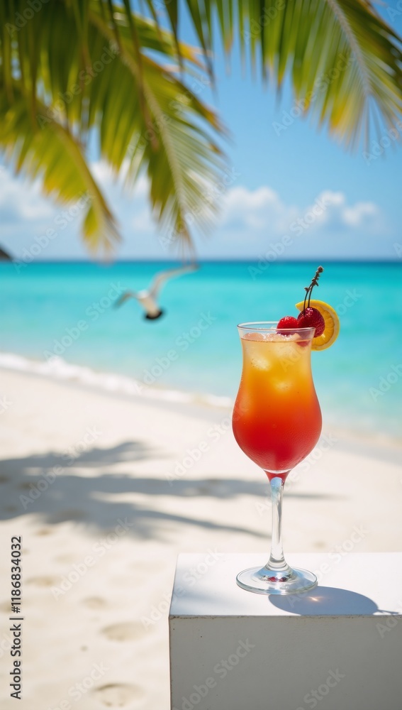 Obraz premium A beach scene with a cocktail being enjoyed