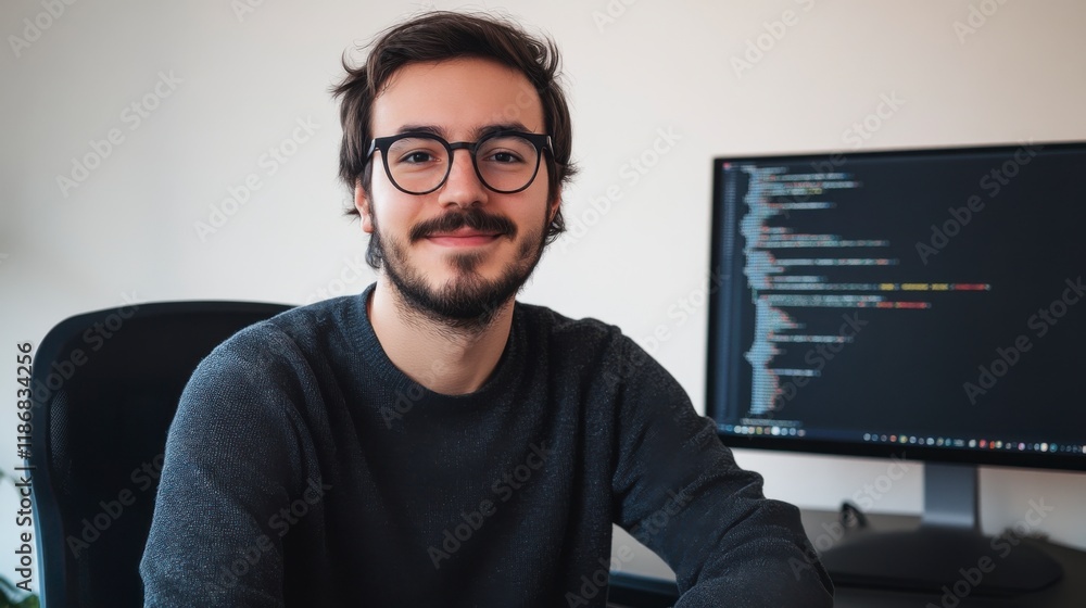 Coding with Confidence: A young programmer sits at his desk, a confident smile gracing his face as he glances directly at the viewer. The screen in the background displays lines of code. Coding with Confidence: A young programmer sits at his desk, a confident smile gracing his face as he glances directly at the viewer. The screen in the background displays lines of code.