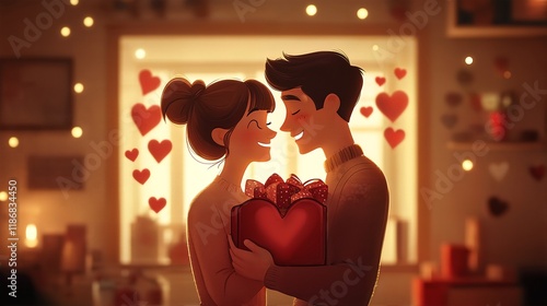 a romantic illustration of a young couple exchanging gifts on valentine's day.