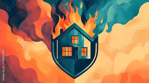 A stylized illustration of a house shielded from flames, symbolizing protection and safety against fire hazards. photo