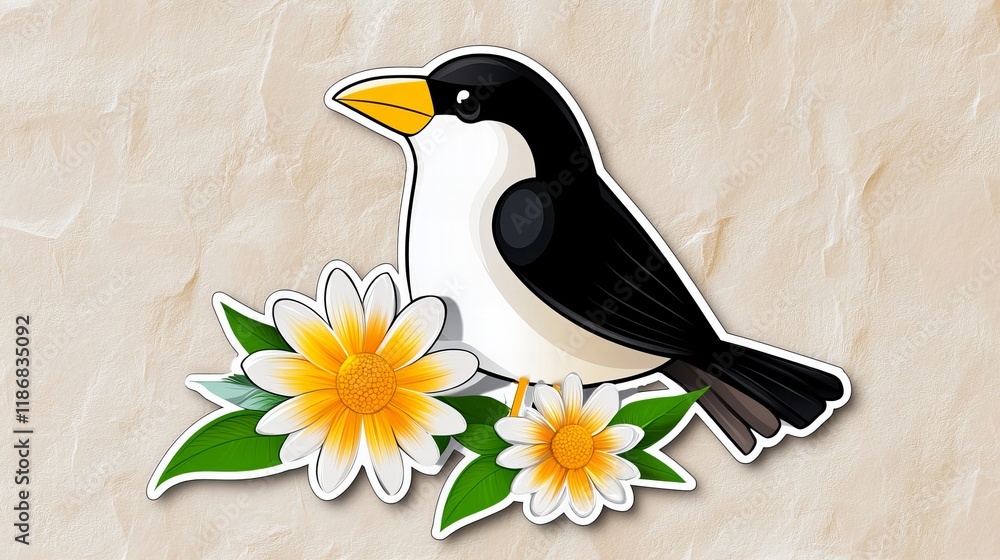 Naklejka premium Adorable cartoon bird perched on pretty daisies. A charming illustration with bright colors.