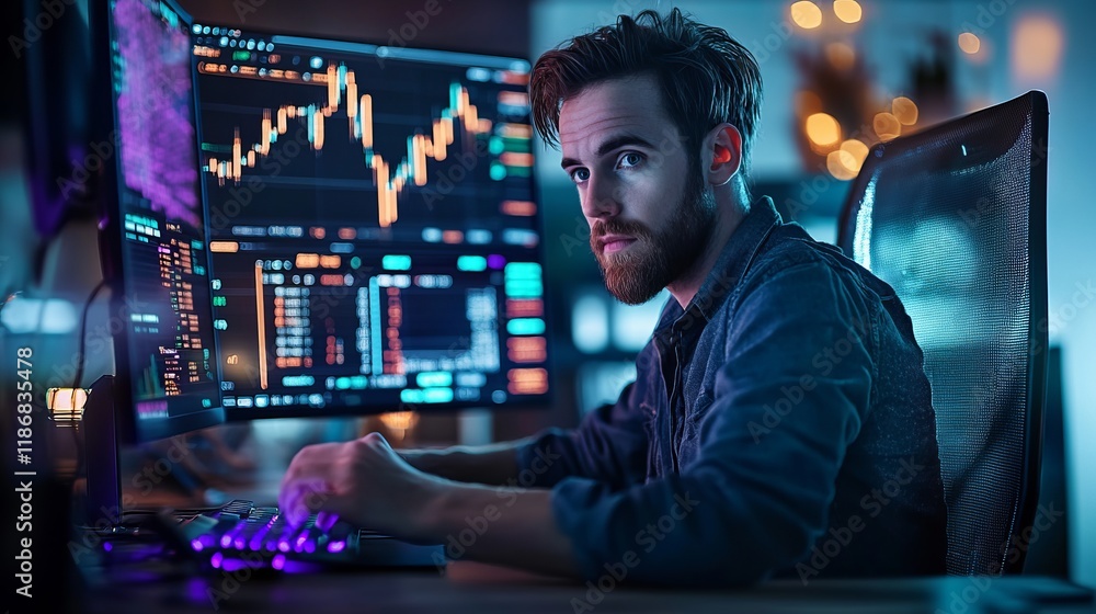 Obraz premium Focused Man Engaged in Work at Modern Desk with Computer and Organized Workspace Reflecting Productivity