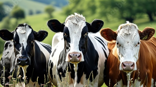 Three cows in a lush green pasture showcase serene rural life and farming practices photo