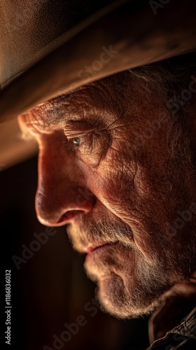 Weathered elderly cowboy portrait, warm light revealing deep lines, embodying western grit and lifelong endurance