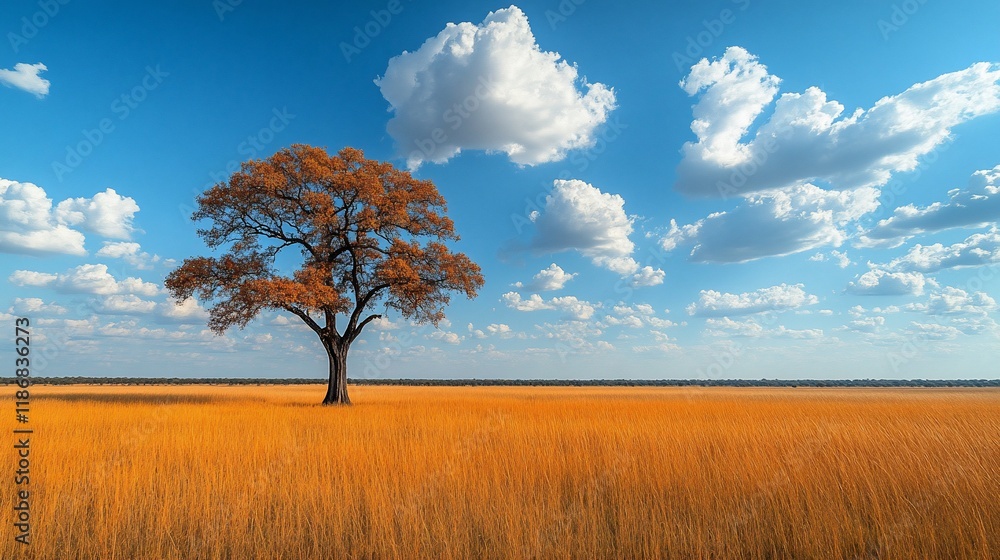 Fototapeta premium Solitary Autumnal Tree in Golden Grassland Under Blue Sky