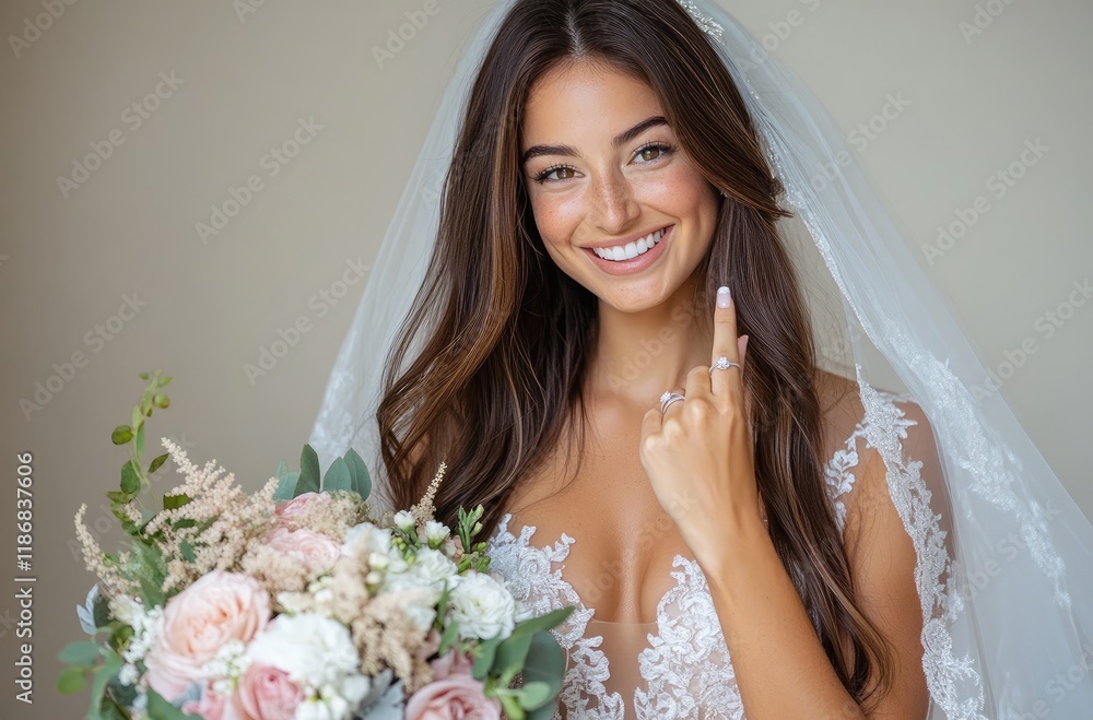 Naklejka premium A beautiful bride with long brown hair, wearing an elegant white wedding dress and veil, holding her bouquet of flowers while laughing heartily in the mansion's courtyard on Valentine's Day