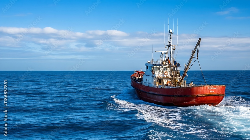 Rustic fishing trawler navigating through blue ocean waves with clear skies on the horizon : Generative AI Rustic fishing trawler navigating through blue ocean waves with clear skies on the horizon : Generative AI