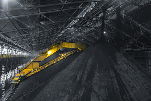 Photos Automatic conveyor loads magnetite large warehouse iron ore at factory, aerial t