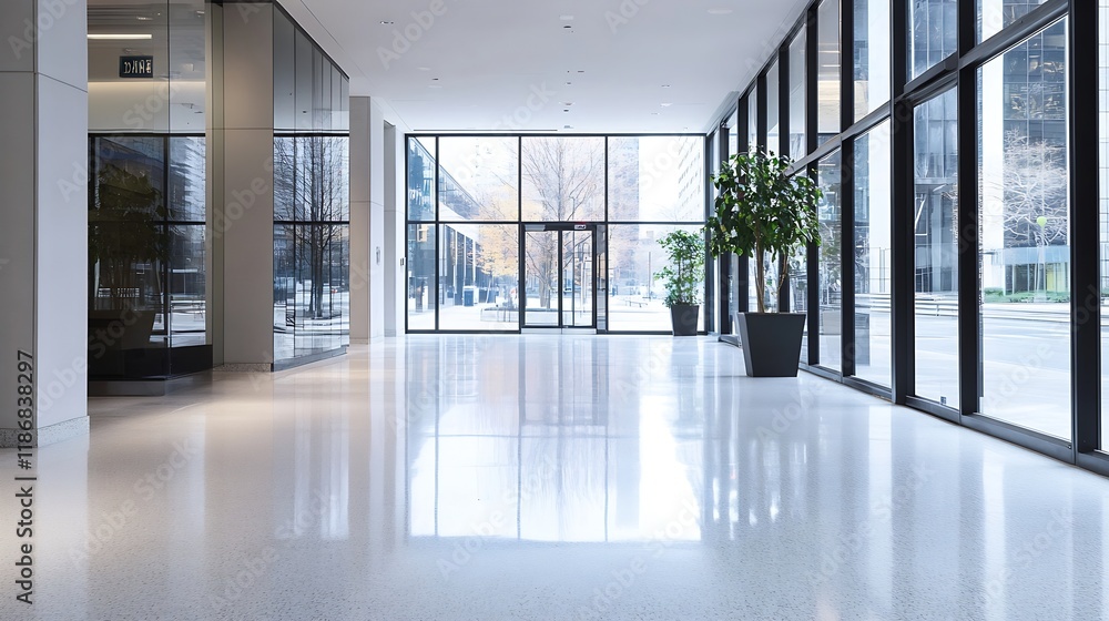 Fototapeta premium Spacious Modern Office Building Interior with Large Windows and Polished Floors : Generative AI